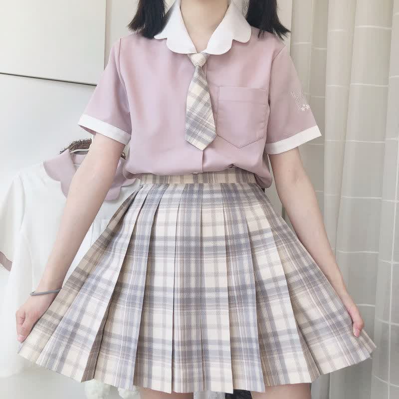 香芋奶霜朝晖新款正统jk制服裙学院风百褶裙格裙 树莓红茶格裙 领结