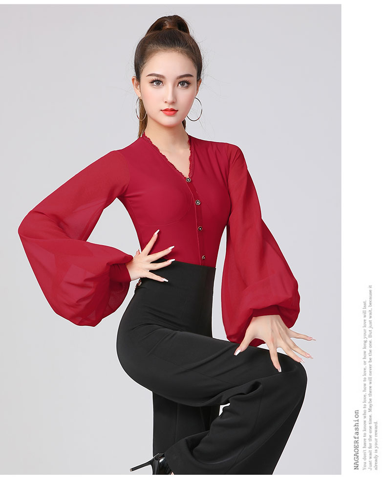 丹宝罗摩登舞上衣女v领灯笼袖连体国标衣服高级华尔兹舞蹈服舞衣 v领
