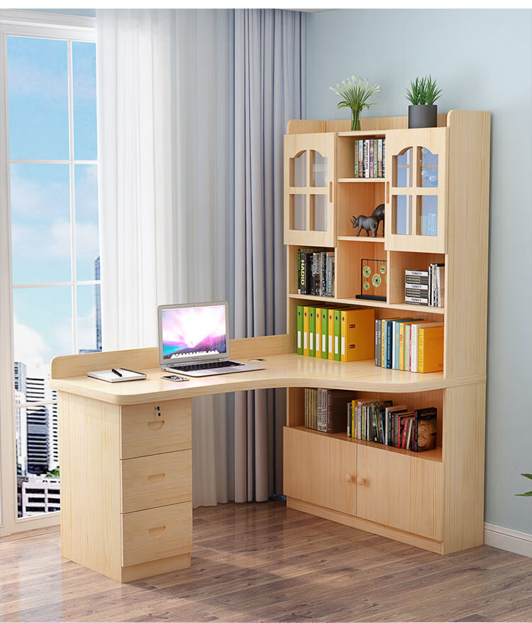 实木转角书桌带书架一体组合柜电脑写字台学习桌拐角书房家具d款清漆