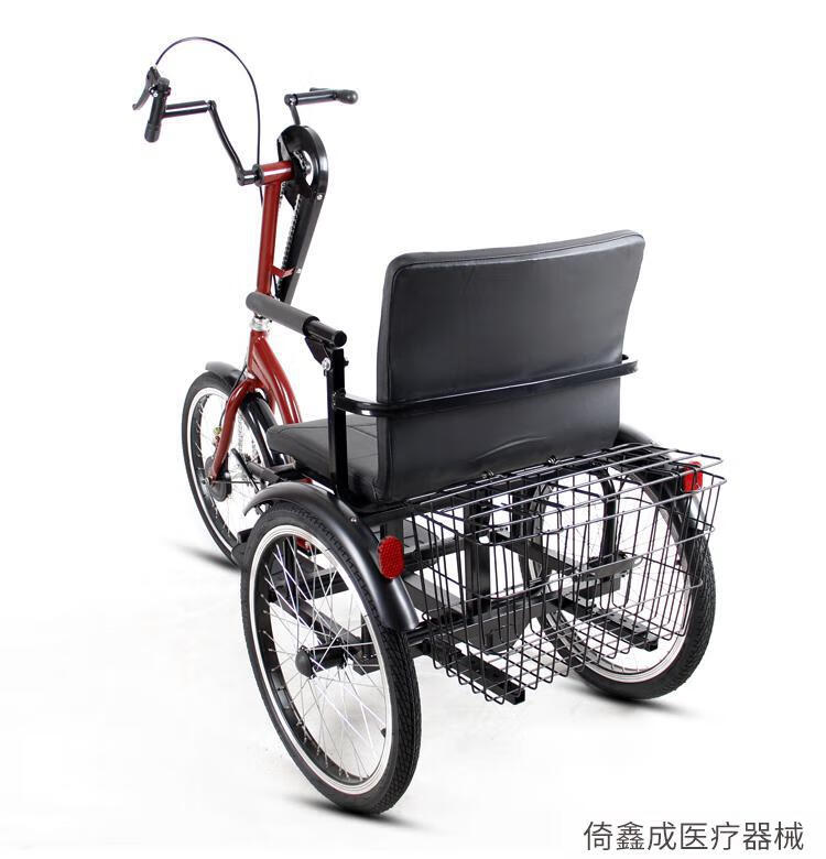 加厚钢管老年人手摇三轮车人力自行车残疾人代步车康复轮椅车酒红色