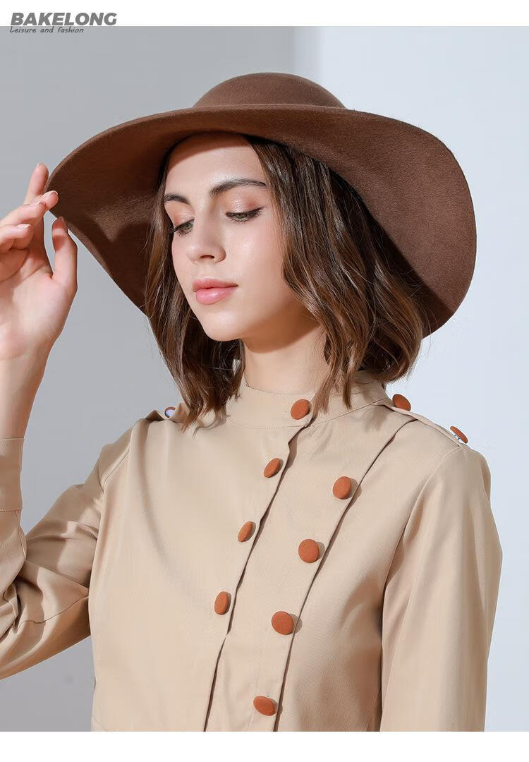 欧洲站港风复古气质淑女圆顶卷边时尚英伦风大檐帽皮带扣礼帽波浪边