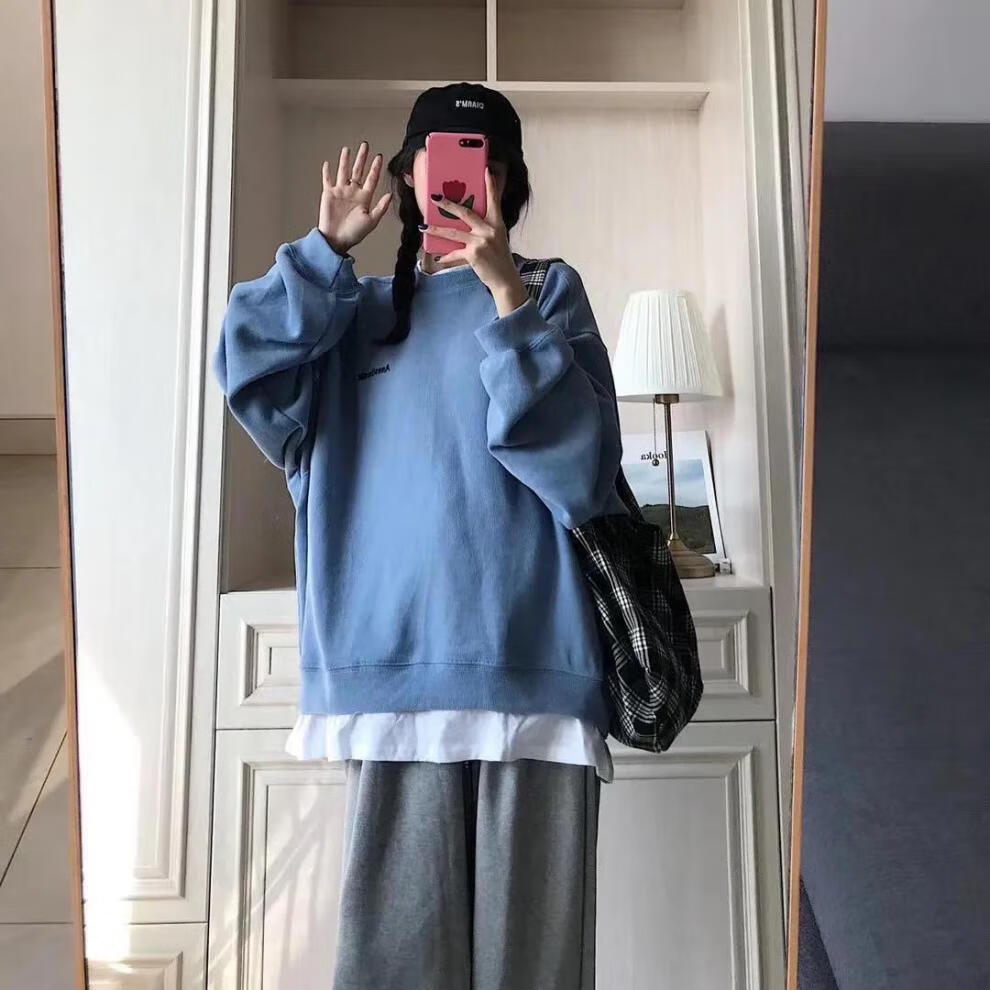 茵侈单/套装秋冬季简约宽松假两件加绒卫衣女学生外套潮ins运动束脚裤