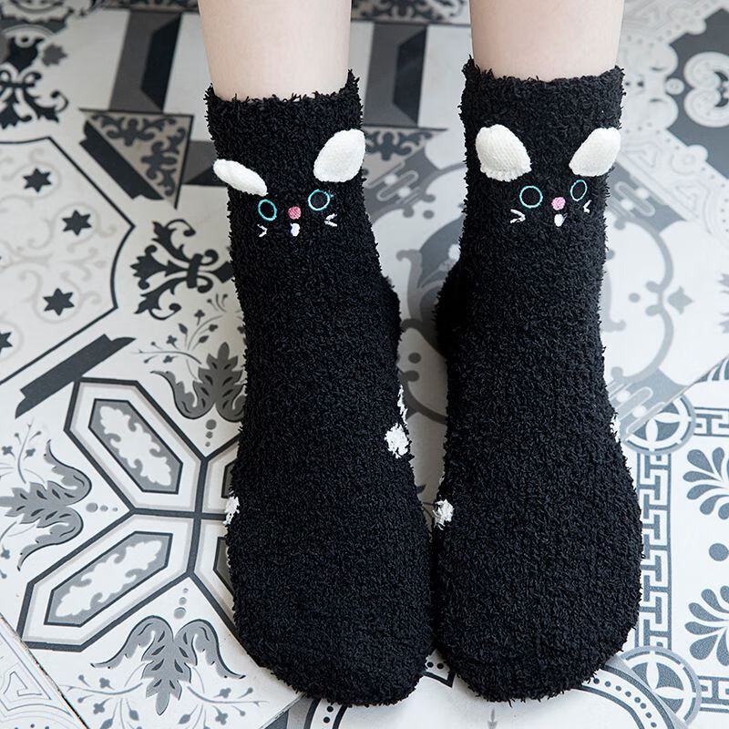 绒袜子女秋冬季加绒加厚睡眠袜毛巾地板猫爪袜冬天产后月子袜 黑色 35