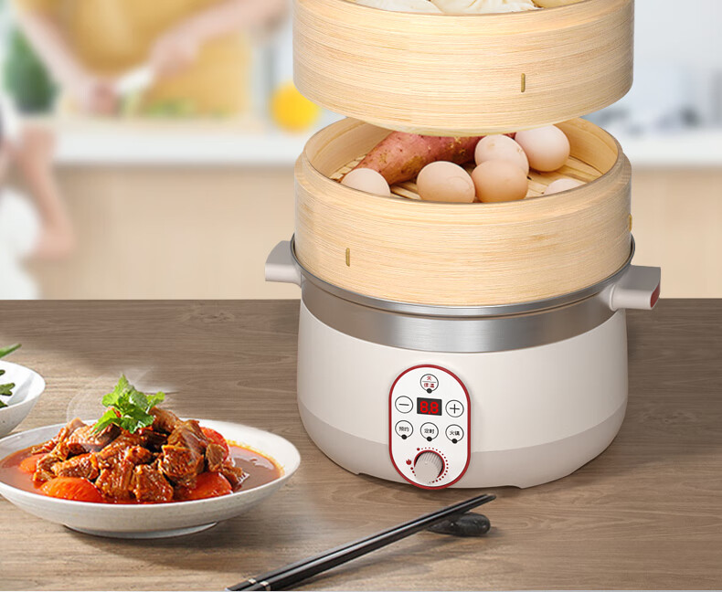 包子大容量多功能定时保温蒸汽锅28cm定时款专用蒸片加深竹蒸笼2层1盖