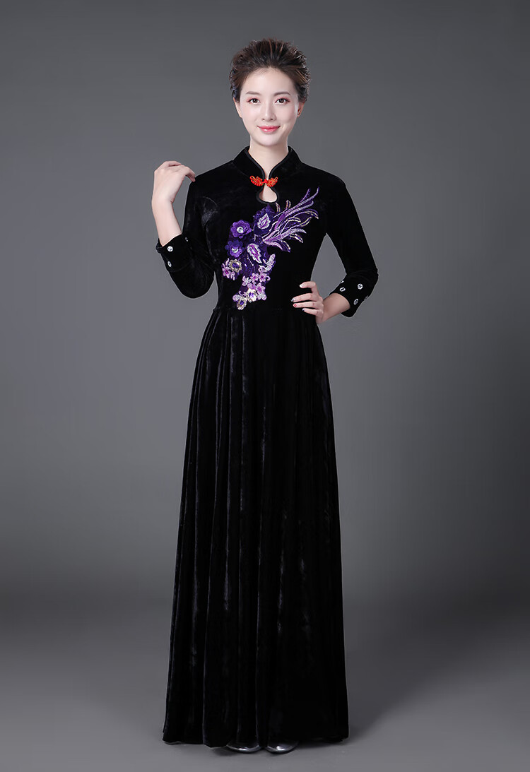 中老年演出服独唱金丝绒大合唱长裙合唱团指挥舞蹈表演服礼服女成人