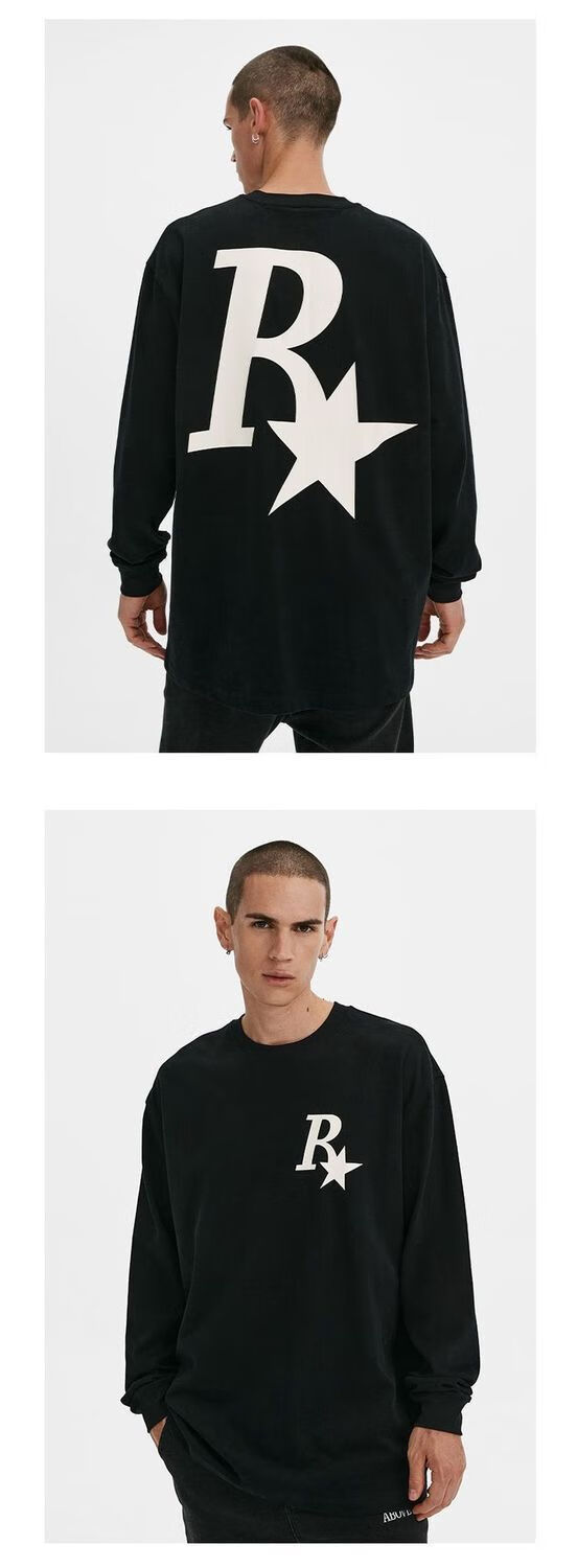 rass复古r星长袖t恤重磅美式高街男女潮牌星星圆领卫衣 花灰色 重磅