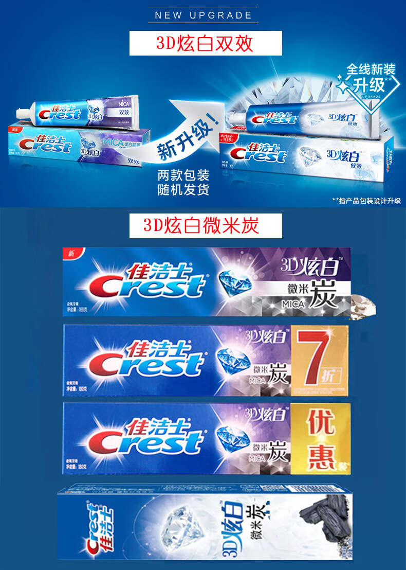佳洁士crest3d炫白双效微米炭牙膏清新口气清洁牙齿成人男女家用组合