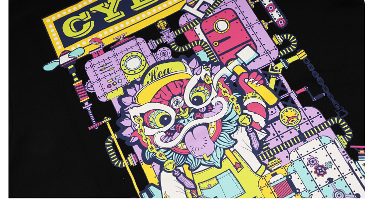 hea醒狮国粹传承开心简单复古机械印花刺绣宽松男女同款短袖t恤 黑色d