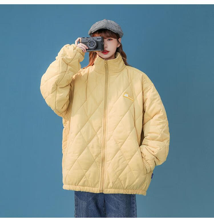 125954-奶黄色棉服女chic韩风冬季加厚菱格外套2021新款oversize立领棉衣 绿色 L-详情图
