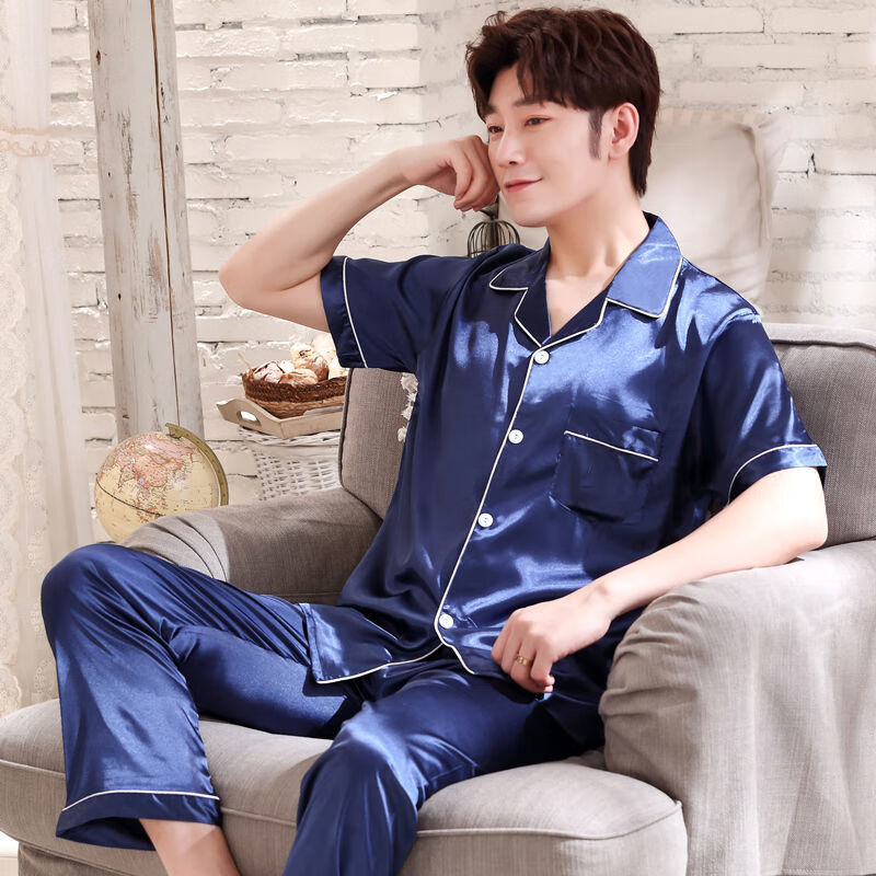 原雪绘睡衣男士夏季短袖长裤仿真丝绸薄款春夏天半袖冰丝家居服两件