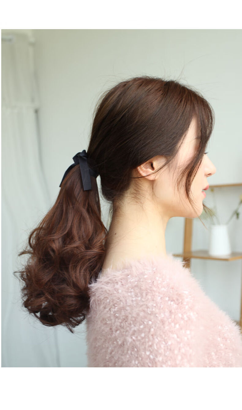 假发女绑带式隐形仿真自然大波浪卷短发假发片发尾扎发辫子 自然黑
