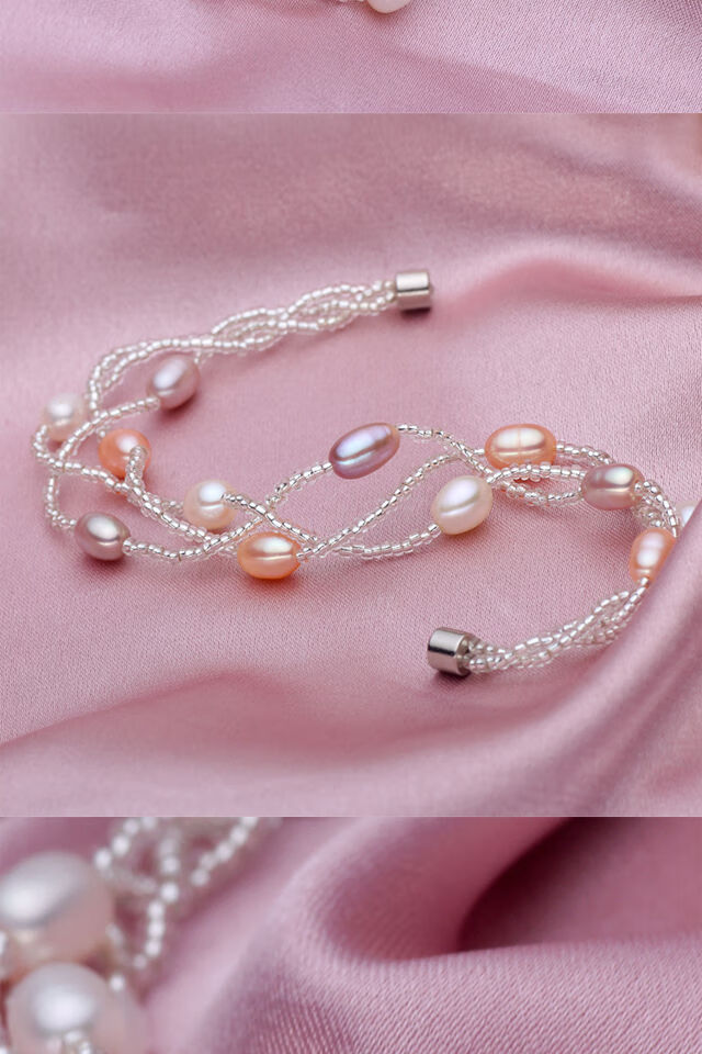 淡水珍珠手链女混彩无瑕花式手链手环米型珍珠手环手镯 粉色