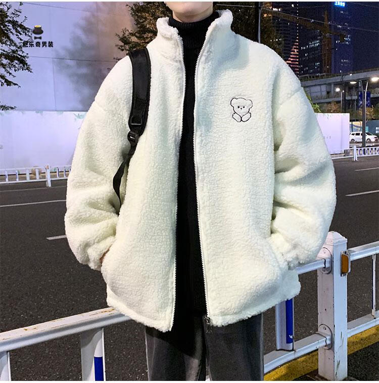 外套男装秋冬季加绒棉袄羊羔毛棉服男士冬装加厚保暖上衣服尼乐奇白色