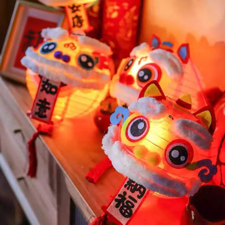 春节醒狮灯笼手工灯笼幼儿园国潮虎年发光小灯笼手工自制材料包