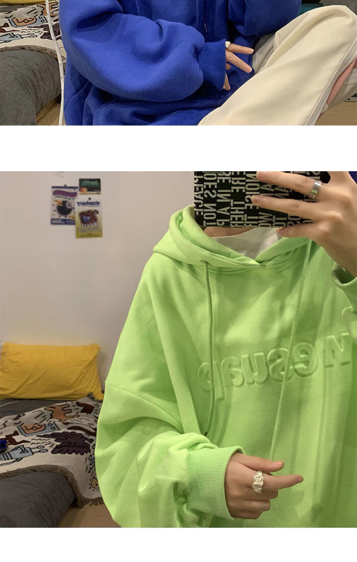 3d凹凸字母克莱因蓝连帽卫衣女加绒加厚秋冬外套潮绿色m建议110斤以下