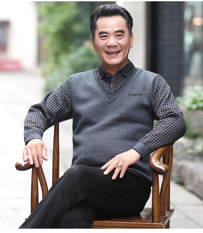 熊熊lin中老年假两件羊毛衫男毛衣加绒加厚打底衫中年毛衣爸爸秋针织