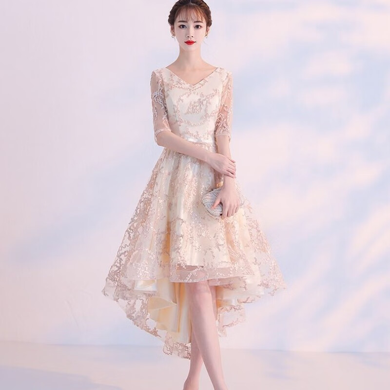 宴会晚礼服新款春夏韩版前短后长仙气连衣裙伴娘小礼服女愉贵妃香槟色