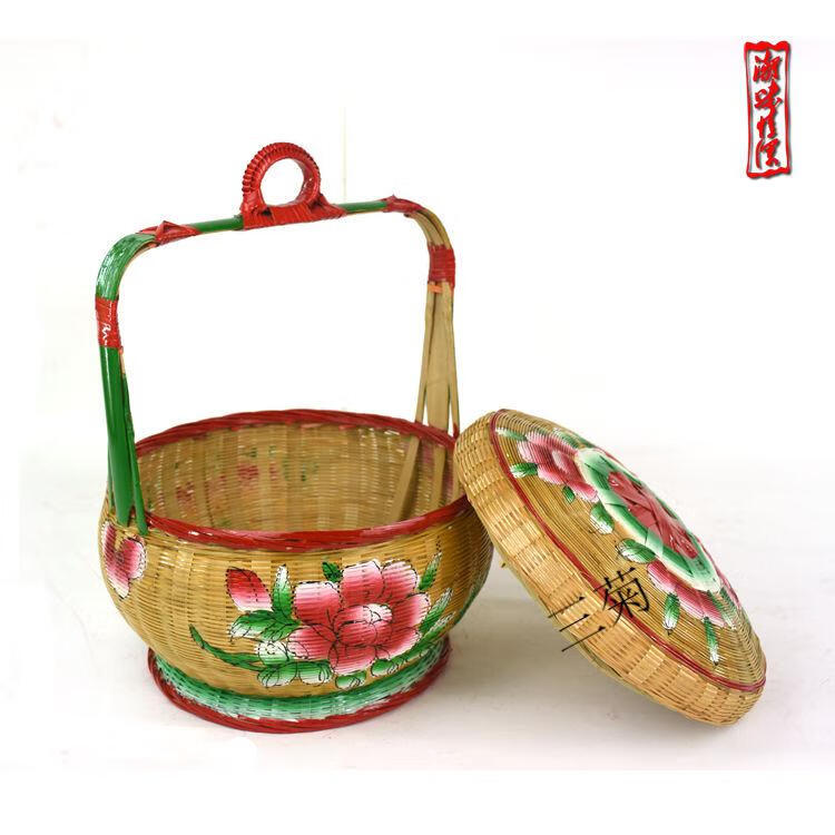 潮汕纯手工彩绘竹篮婚嫁花篮竹编篮子收纳蓝储物篮传统竹艺摆件15cm
