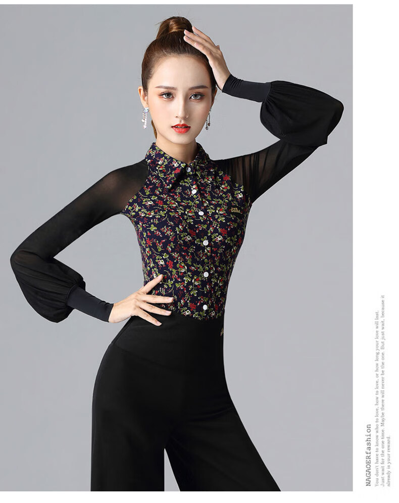 丹宝罗doubl摩登舞练功服女华尔兹衬衣连体花色舞蹈上衣灯笼袖拉丁舞