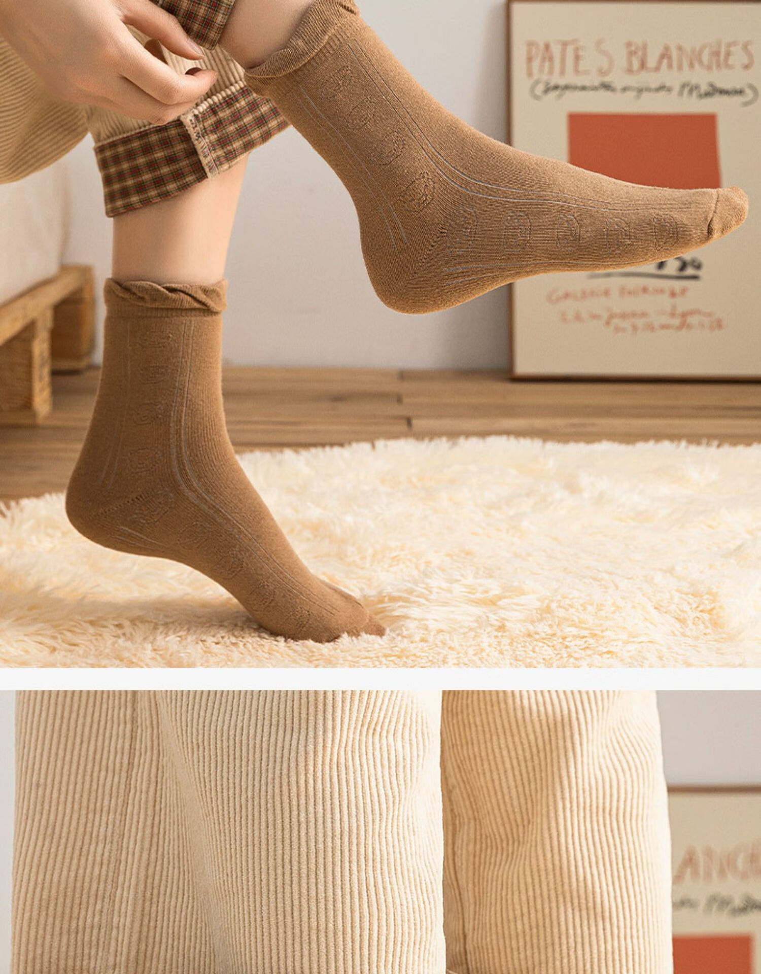 毛圈袜子女秋冬加绒加厚保暖毛巾地板袜日系卡通中筒棉长袜2黑2深灰2