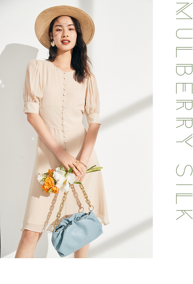 鳄鱼恤crocodile春夏季新款设计感100桑蚕丝乔其真丝连衣裙圆领显瘦桑