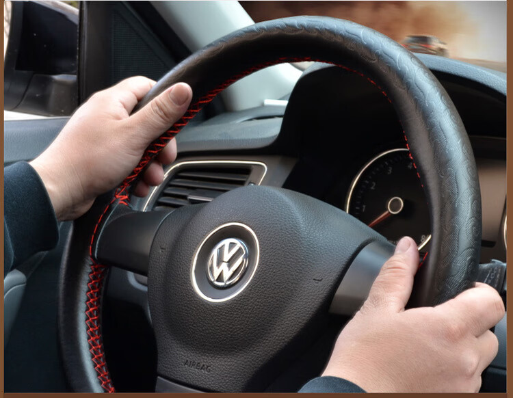 真皮手缝方向盘套四季通用汽车牛皮把套 黑色-配红线 38cm【图片 价格