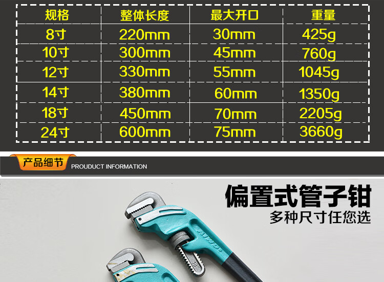 艾沃管钳多功能水管钳偏置式斜头管管子钳水暖工具重型管艾偏斜管18寸