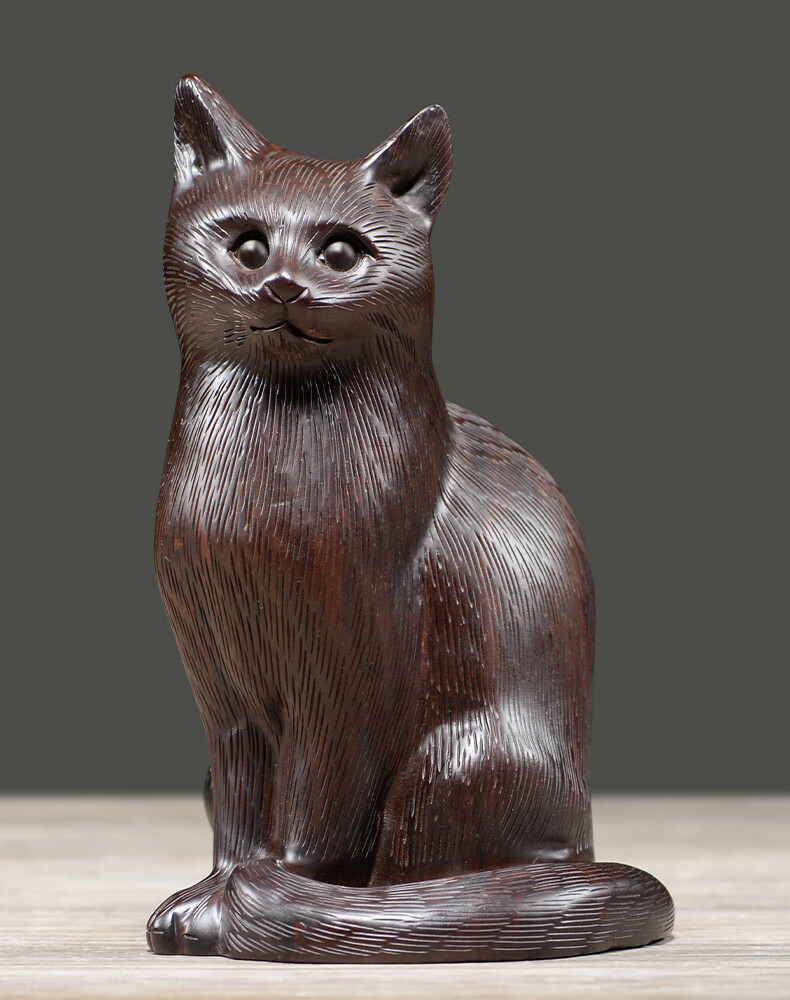陆展元木雕刻猫工艺品摆件可爱实木创意客厅装饰红木桌面摆设木猪摆件