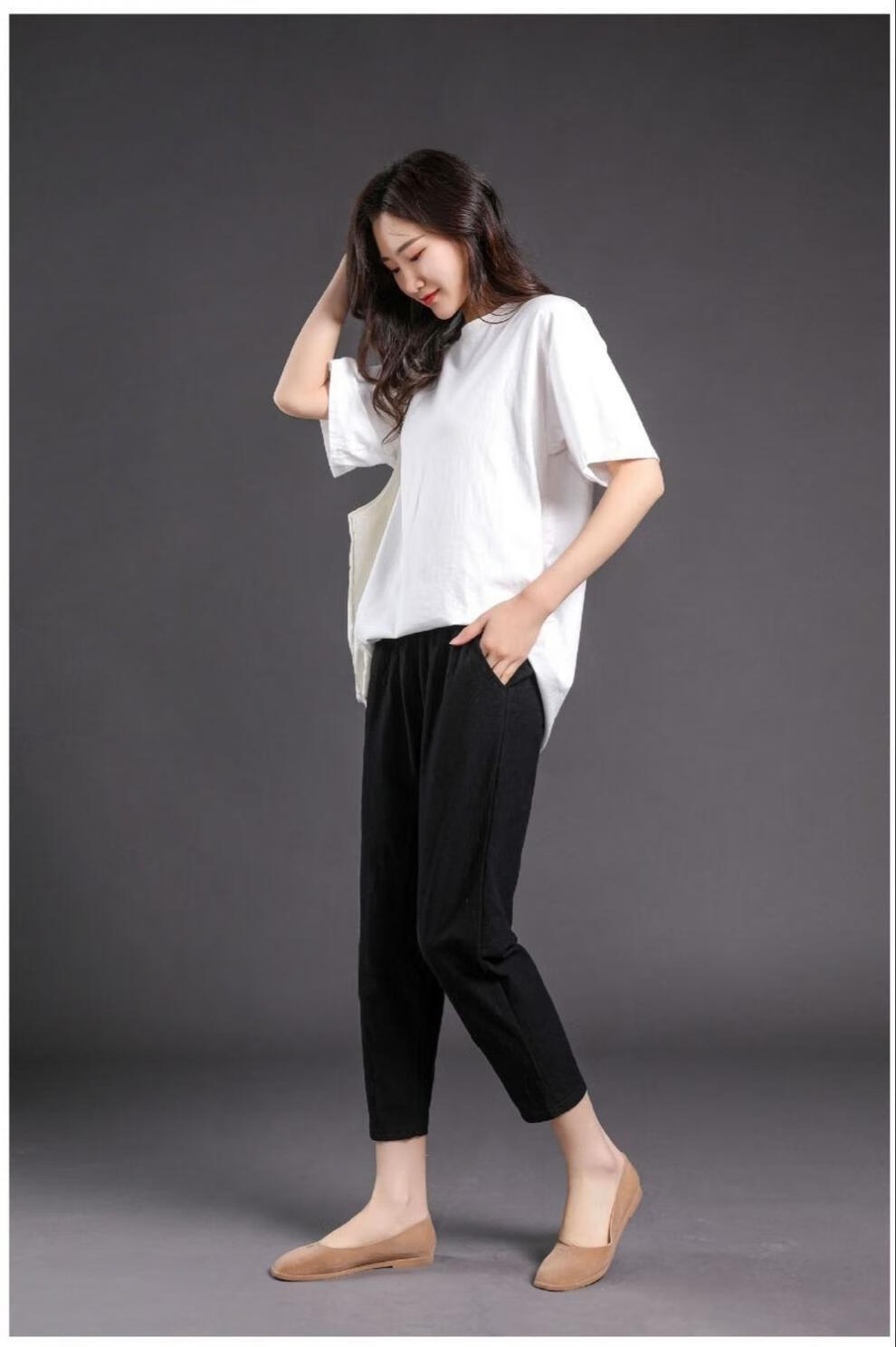 棉麻哈伦裤女2121新款裤子韩版宽松显瘦束脚裤夏季薄款九分休闲裤 砖
