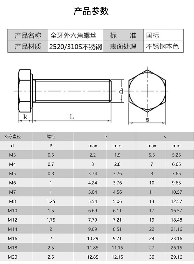 2520/310s外六角螺丝螺栓螺杆m6m8m10m12m14m16耐高温外六角螺定制