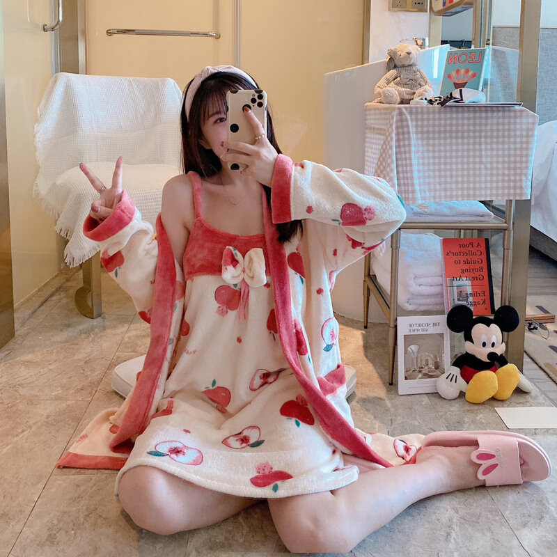 俞兆林睡衣女冬款珊瑚绒连体小个子性感吊带睡裙睡袍浴袍法兰绒两件