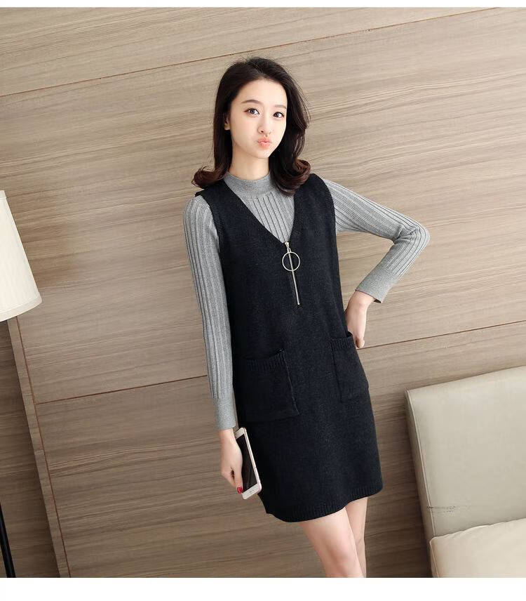 浪莎连衣裙马甲女韩版针织背心裙中长款马夹外穿背带裙女春秋冬季女士