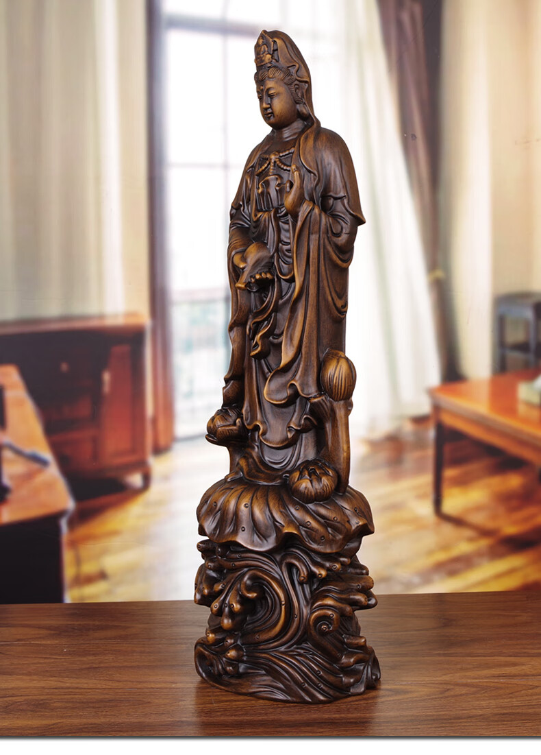 摘宝楼雕像摆设送人观世音菩萨佛像创意木雕观音摆件大号供奉拜家用