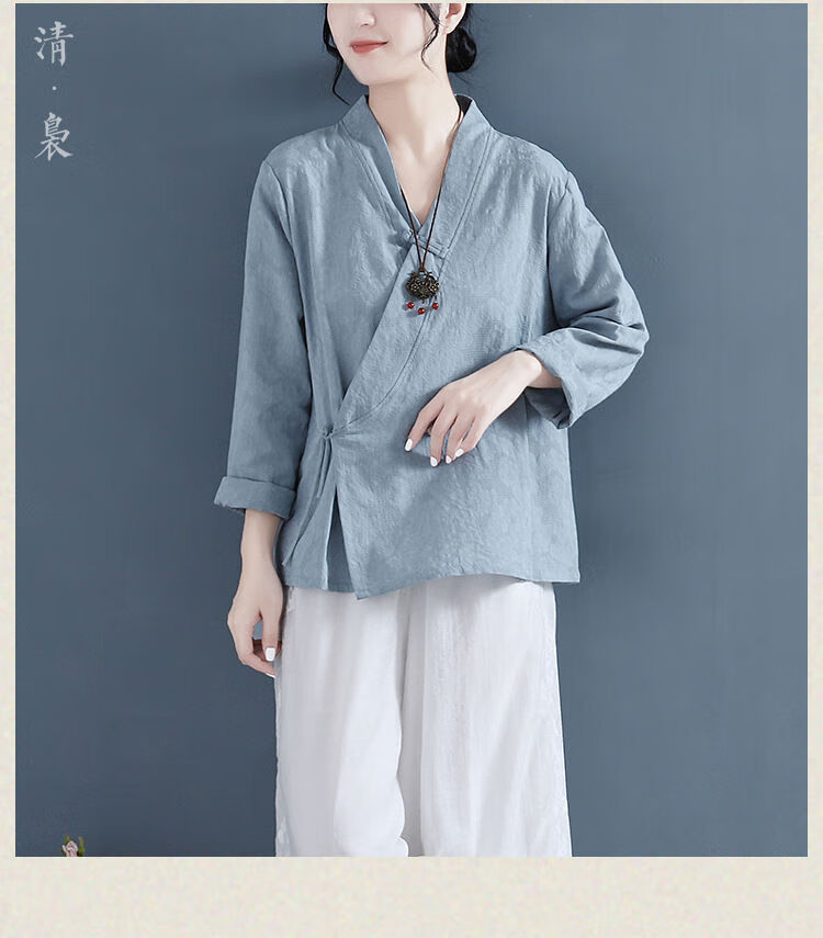 禅服佛系女棉麻茶服女中式复古斜襟亚麻衬衫禅意小衫文艺盘扣系带长袖