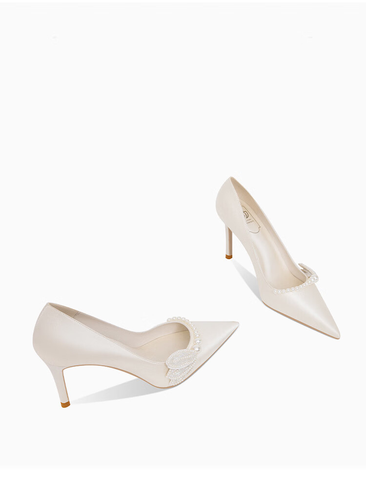 qvaj白色细高跟浅口法式新娘鞋女尖头时尚珍珠优雅仙女礼服伴娘婚鞋潮