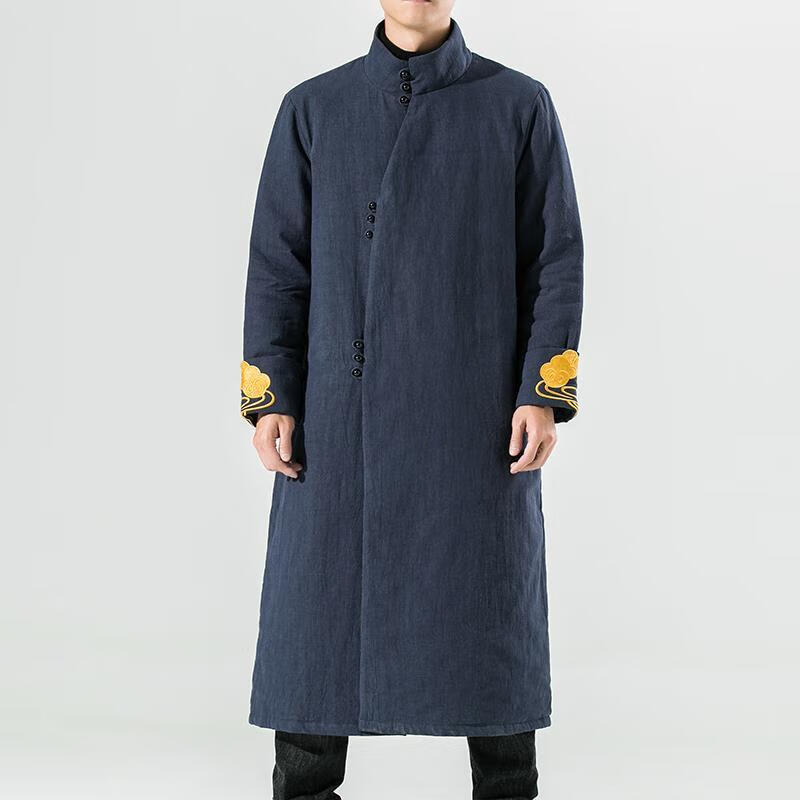 民国衣服加棉加厚长袍男中国风复古风唐装棉袄长款过膝刺绣大衣潮