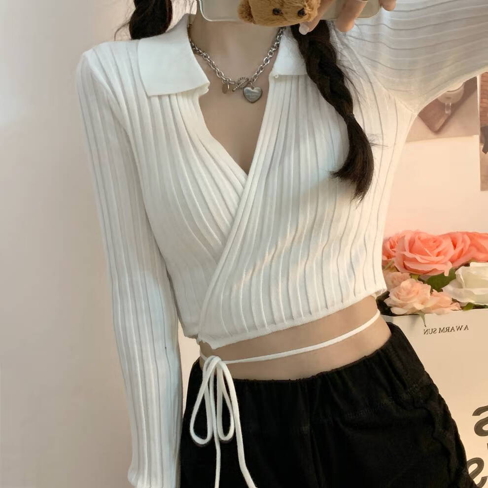 啄木鸟白色绑带毛衣开衫女秋冬新款欧美小众长袖短款针织上衣外穿潮秋