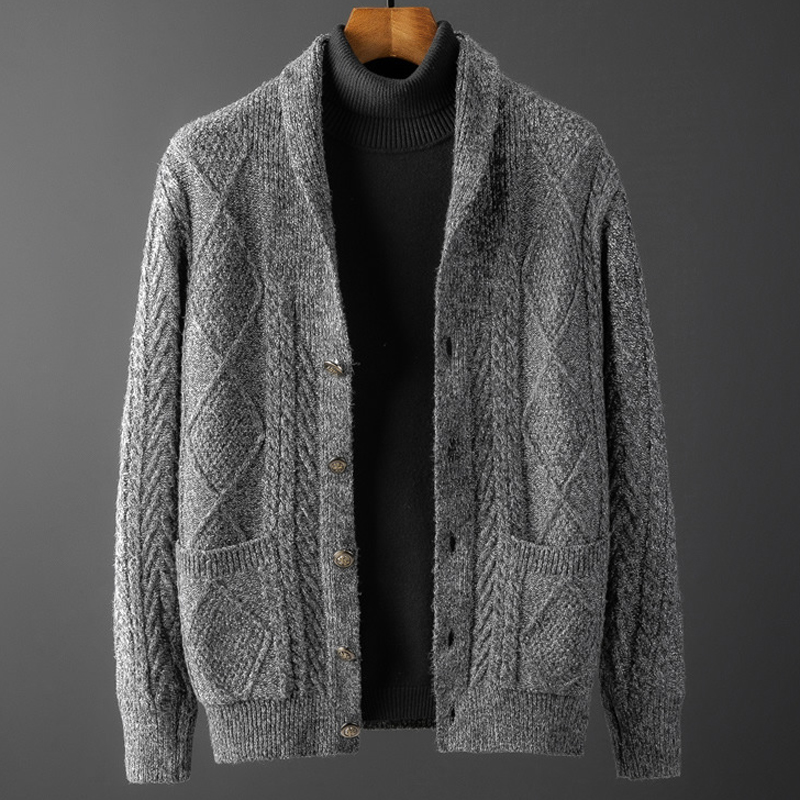 手工编织毛衣成品男士男装青果领男粗线棉线针织衫开衫无领外套秋冬开