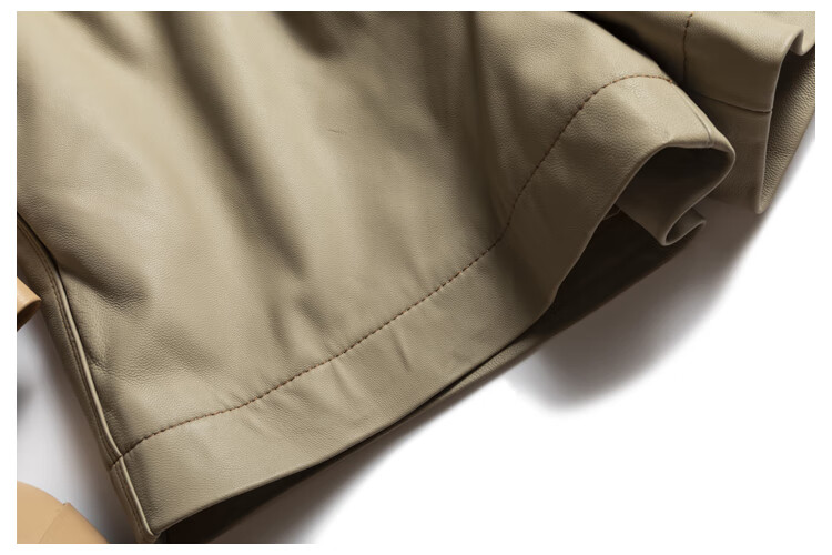 真皮短裤新款宽腿高a级小羊皮女皮裤松紧腰时尚裤子直筒裤 利休白茶色