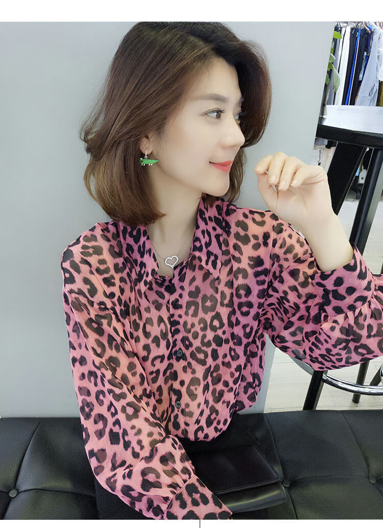 欧洲站雪纺衫冬新款女装仙气衬衣时尚印花豹纹短款宽松上衣 黑白豹纹