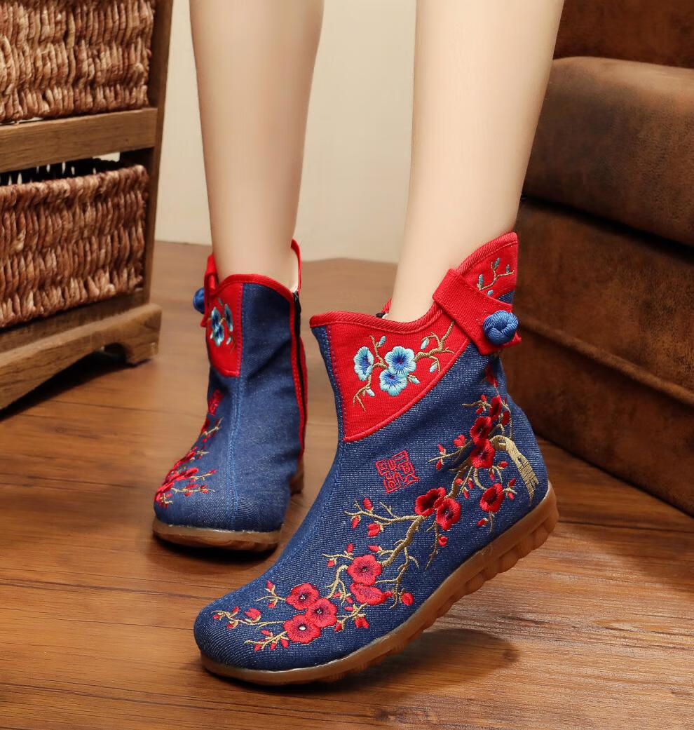 经典款式女布靴 复古短靴中靴 绣花布鞋子 春秋靴子绣花靴 花非花6-7