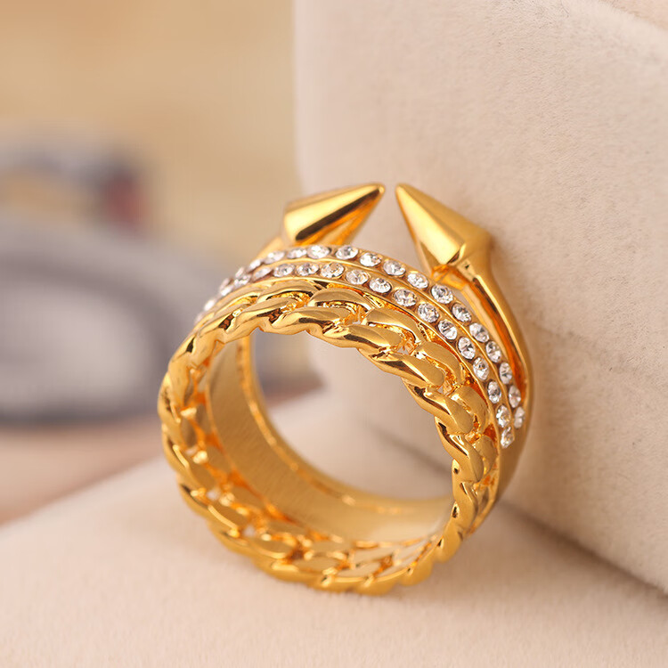 千弗工匠欧美品牌饰品 链条镶钻铆钉三圈戒指 指环女 首饰 玫瑰金7号