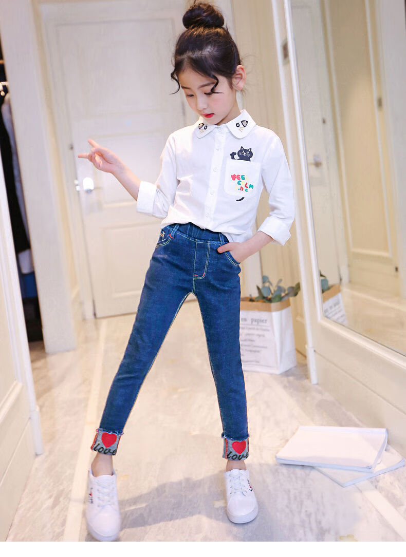 2020春秋款高弹女童牛仔裤小女孩中大童时尚百搭裤子 字母蓝 140