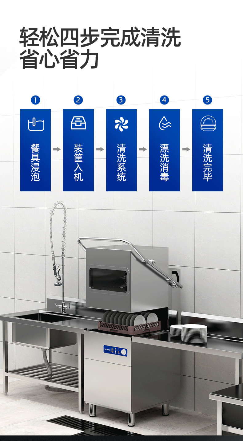 乐创lecon洗碗机商用揭盖式刷碗洗碟机全自动洗碗机食堂长龙式烘干可
