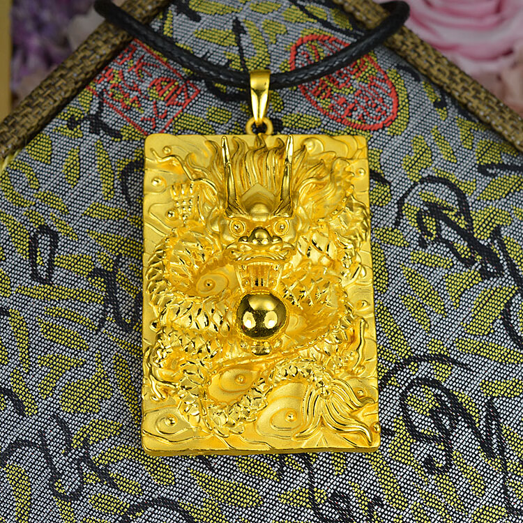 钰帛工坊3d硬足金999男士吊坠黄金龙牌霸气生肖龙项链送父亲礼物饰品