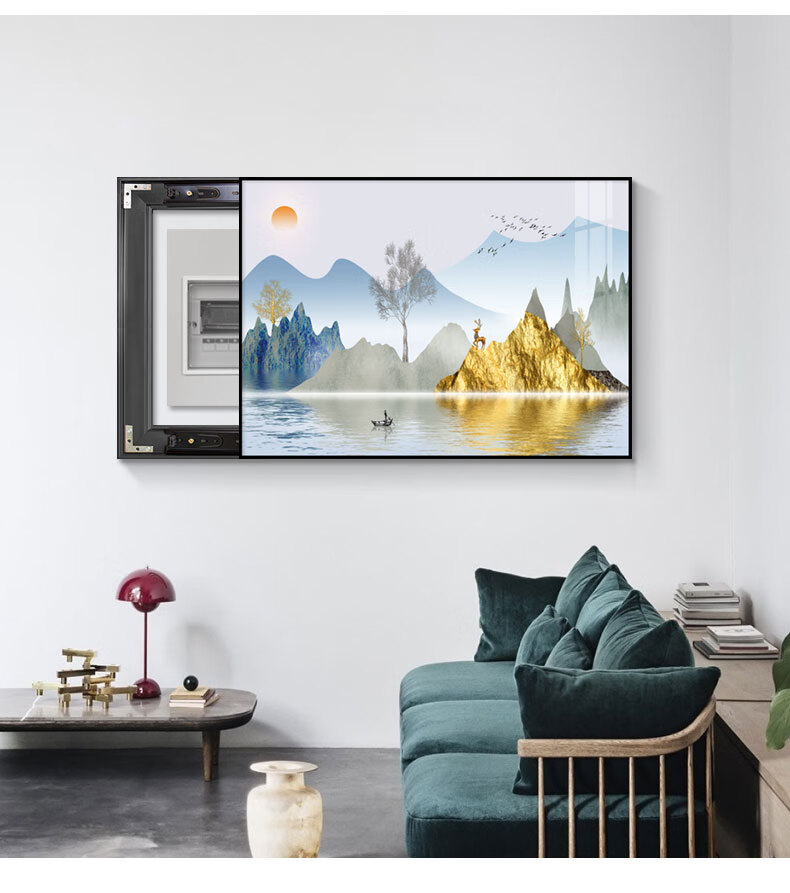 良木电表箱装饰画免打孔新中式山水画遮挡电闸盒晶瓷弱电箱总开关挂画