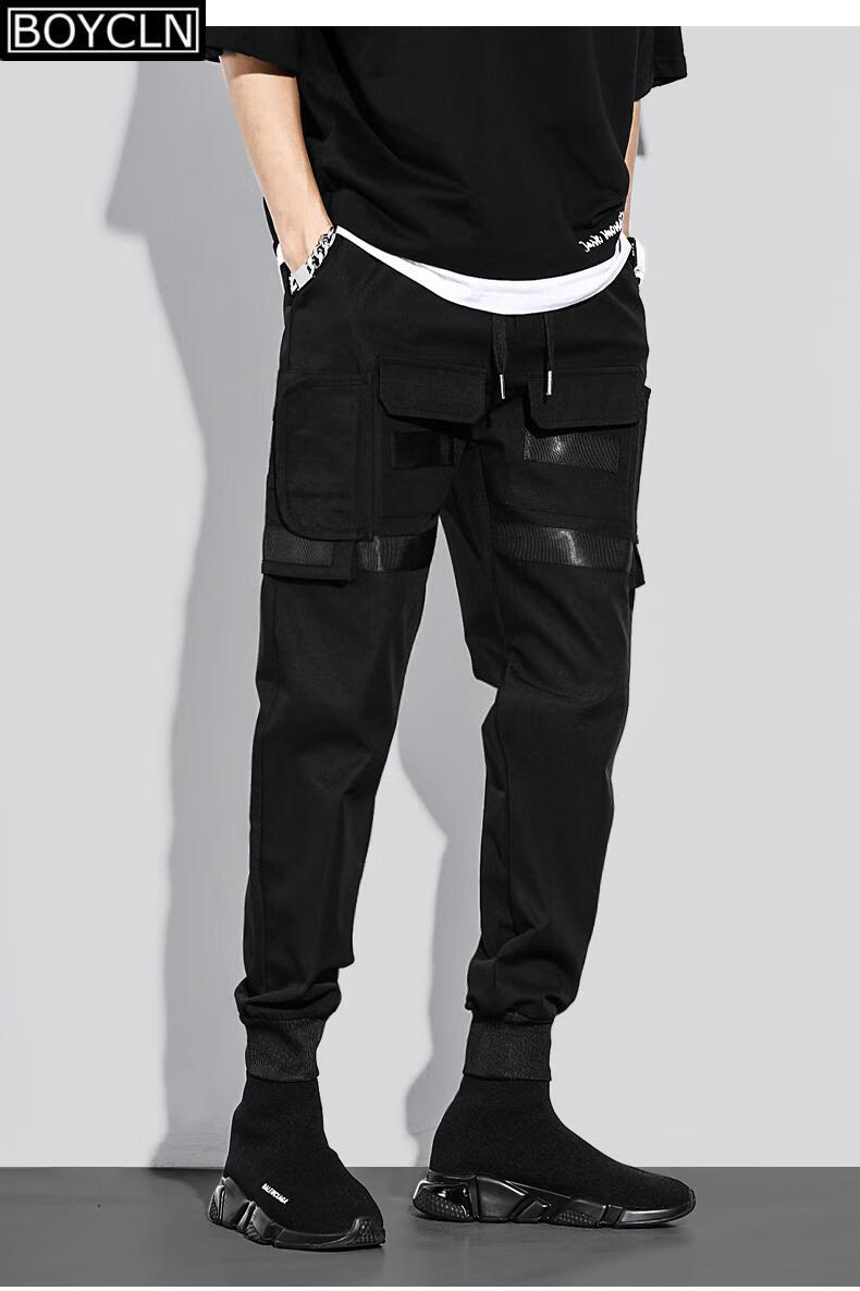 boy cln 潮牌秋季男士束脚工装裤男宽松多袋小脚裤高街黑色休闲哈伦裤
