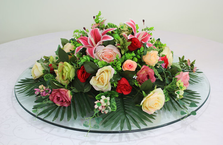 酒店餐桌花转盘花圆形餐台装饰花大圆桌中间桌面摆花台花仿真花卉 玫