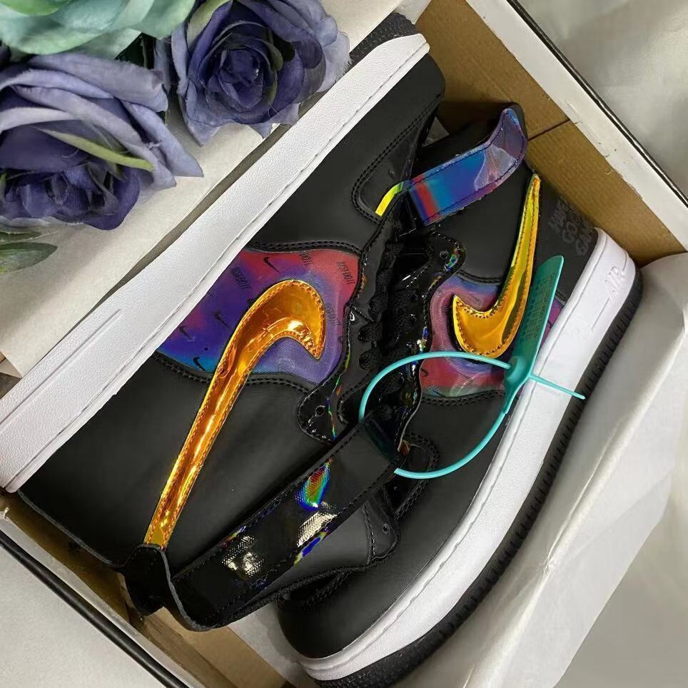 全套空军一号af1辐射炫彩电玩高帮aj情侣休闲运动板鞋g家镭射白色36