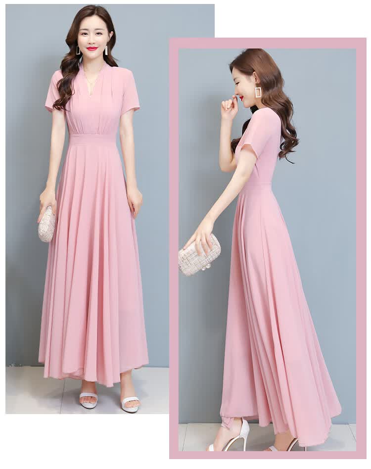 予瑾大码长款连衣裙到脚踝雪纺女夏天新款法式超粉色长裙夏季超仙天